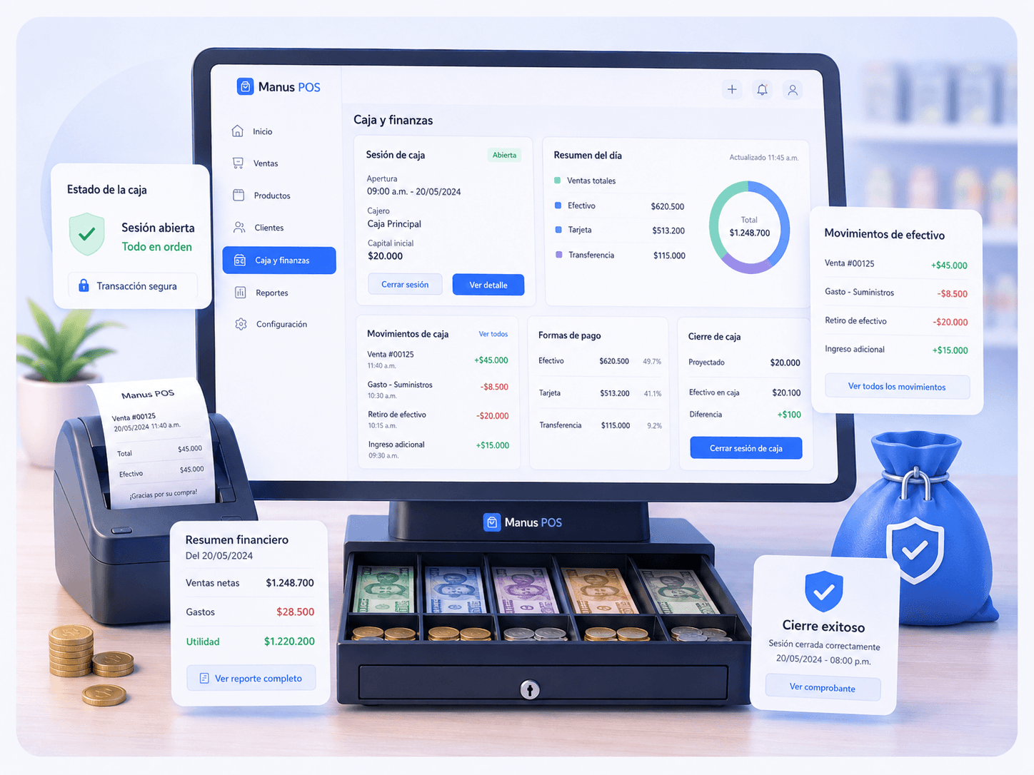 Control de caja y finanzas operativas de Manus POS